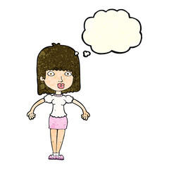 cartoon woman shrugging shoulders with thought bubble