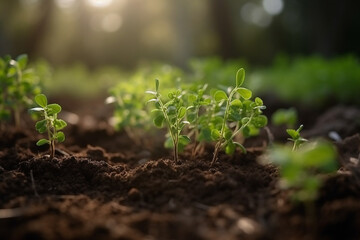 Young plant grow from soil, close up view. New life concept. Generative AI