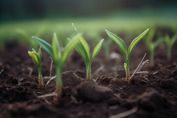 Young plant grow from soil, close up view. New life concept. Generative AI