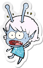 distressed sticker of a cartoon shocked alien girl