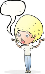cartoon woman raising hands in air with speech bubble