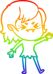 rainbow gradient line drawing of a annoyed cartoon vampire girl