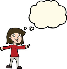 cartoon happy woman pointing with thought bubble