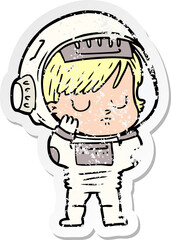 distressed sticker of a cartoon astronaut woman