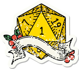 grunge sticker of a natural one d20 dice roll