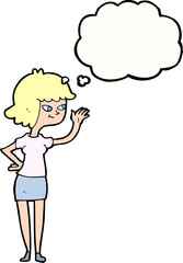 cartoon friendly girl waving with thought bubble