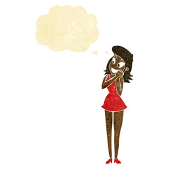 cartoon excited woman with thought bubble