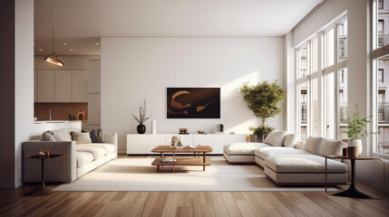 Spacious living area with clean lines, a neutral color palette, and uncluttered surfaces. Generative AI