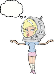 cartoon woman wearing space helmet with thought bubble