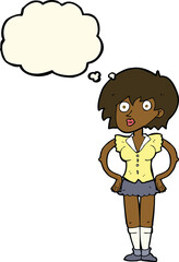 cartoon surprised woman with hands on hips with thought bubble