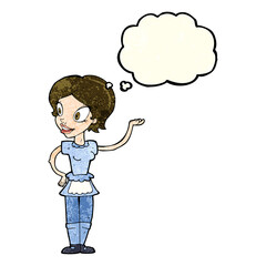cartoon woman in maid costume with thought bubble