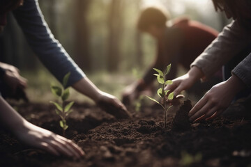 Planting young trees in new forest. Ecology activity concept. Generative AI