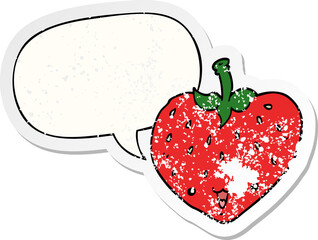 cartoon strawberry with speech bubble distressed distressed old sticker