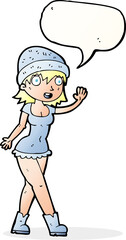 cartoon pretty girl in hat waving with speech bubble