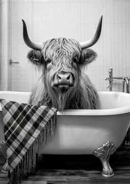 Highland cattle cow in Bath, black and white cattle bathing in the bathtub, funny animal, bathroom Interior safari poster, generative ai