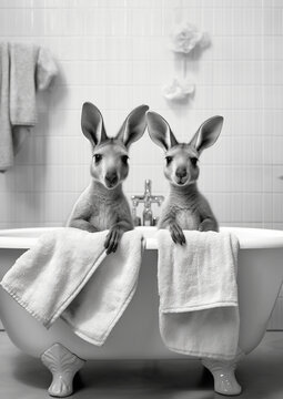 Kangaroos in Bath, black and white kangaroo bathing in the bathtub, funny animal, bathroom Interior safari poster, generative ai