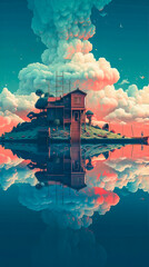 house in the middle of the water landscape wallpaper illustration - Generative AI