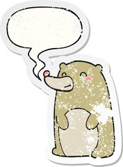 cute cartoon bear with speech bubble distressed distressed old sticker