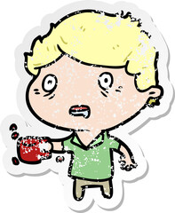 distressed sticker of a cartoon man with cup of coffee