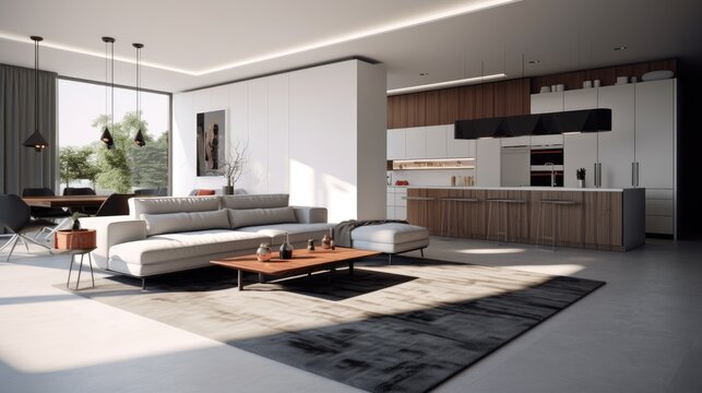 Spacious living area with clean lines, a neutral color palette, and uncluttered surfaces. Generative AI