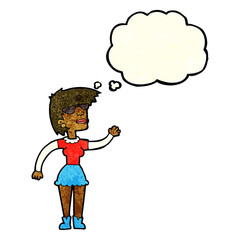 cartoon woman in spectacles waving with thought bubble