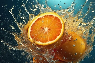 Fototapeta na wymiar Delicious orange juice splash, isolated on blue background