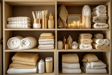 Fototapeta na wymiar towels and bath accessories in the closet generative ai