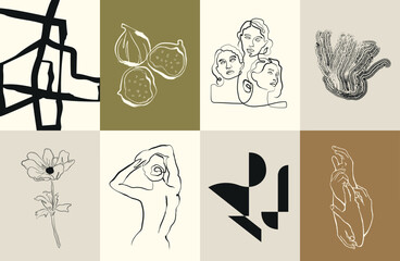 Abstract boho style art prints vector illustration collection. Woman portraits and botanical sketches