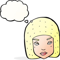 cartoon annoyed female face with thought bubble