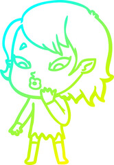 cold gradient line drawing of a cute cartoon vampire girl