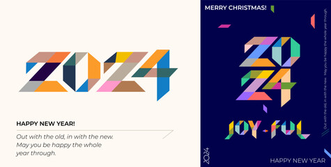 Happy New Year 2024 set. Creative concept of 2024 New Year square template for calendar, cover, card and media post. Minimalistic trendy vector 2024 typography logo. Celebration and season decoration.