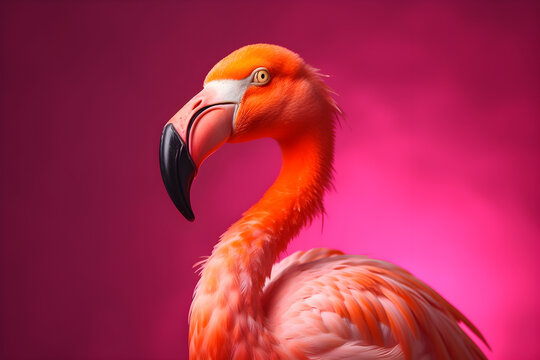 Funny flamingo in studio, colorful background. Generative AI