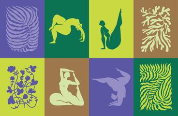 Abstract flower sticker set. Trendy botanical wall arts with floral plants, leaves, woman, yoga poses in Matisse style. Modern naive groovy funky interior decorations, paintings.