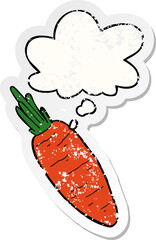 cartoon carrot with thought bubble as a distressed worn sticker