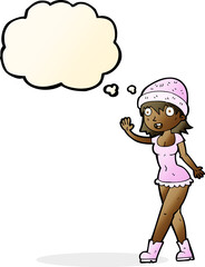 cartoon pretty girl in hat waving with thought bubble