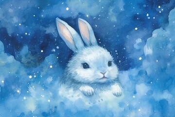 Fototapeta na wymiar dreamy and ethereal watercolor print of a rabbit surrounded by floating clouds and stars. soft pastel shades and gentle brushstrokes to create a sense of tranquility and enchantment 