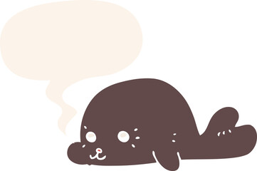 cartoon baby seal with speech bubble in retro style
