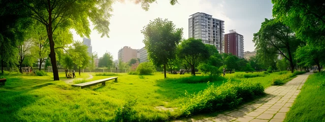 Poster banner wide image of green spaces in urban city. Generative AI, © yanadjan