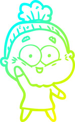 cold gradient line drawing of a cartoon happy old woman