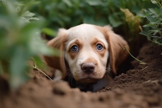 Puppy dog digging hole in garden lawn. Generative Ai