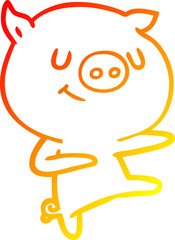 warm gradient line drawing of a happy cartoon pig dancing