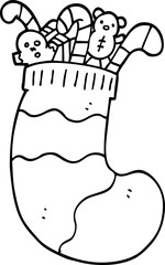 line drawing cartoon christmas stocking full of toys