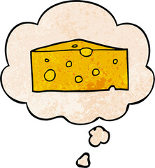 cartoon cheese with thought bubble in grunge texture style