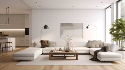 Fototapeta na wymiar Spacious living area with clean lines, a neutral color palette, and uncluttered surfaces. Generative AI