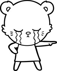 crying cartoon bear in dress pointing