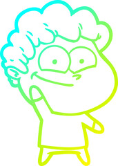 cold gradient line drawing of a cartoon happy man