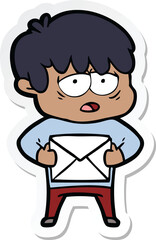 sticker of a cartoon exhausted boy with letter