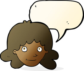 cartoon happy female face with speech bubble