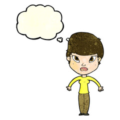 cartoon woman shrugging shoulders with thought bubble