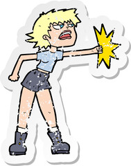 retro distressed sticker of a cartoon woman punching